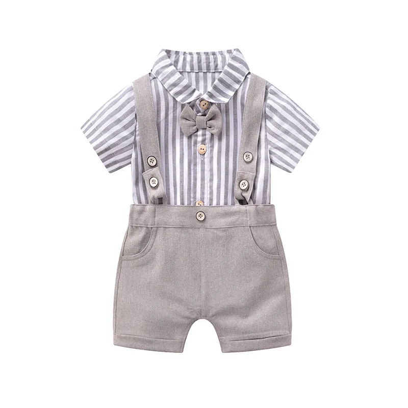 

Summer Baby Boy Cotton Clothing Set Gentleman Birthday Party Striped Shirt Romper Top+Suspenders Shorts Toddler Formal Suit