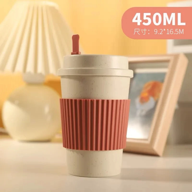 Eco-Friendly Reusable 450ML Wheat Straw Coffee Cup with Lid - Portable & Dishwasher Safe Travel Mug