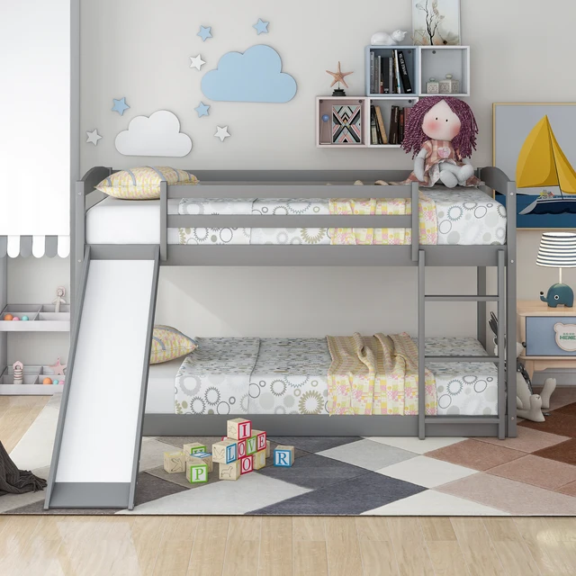 Introducing the Twin over Twin Bunk Bed with Convertible Slide and Ladder, Gray