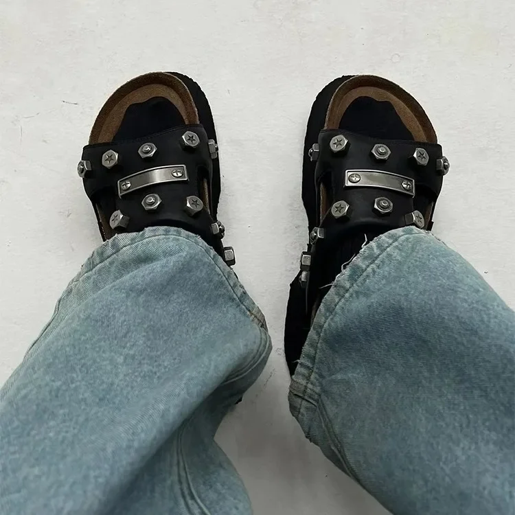 여성용 리벳 쪼리 두꺼운 밑창 가죽 슬리퍼, 불규칙 가죽 신발, 플랫폼 슈즈 샌들, 여름, 2024