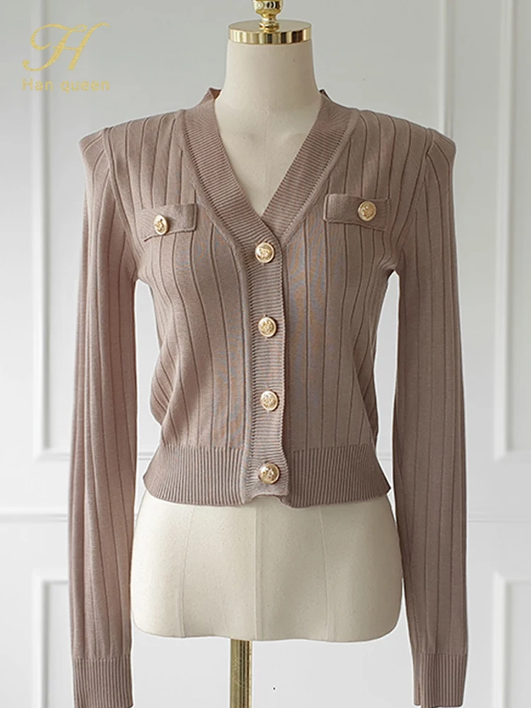 H Han Queen 한국 세련된 v 넥 니트 카디건 스웨터 여성용 캐주얼 기본 긴 소매 가디건 가을 빈티지 스웨터 탑