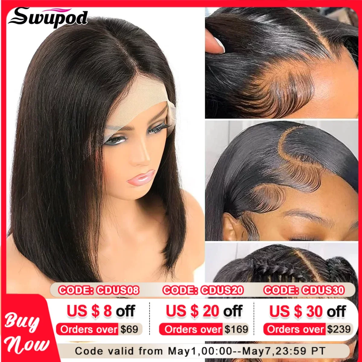 

Swupod 13x4 HD Lace Front Bob Wig for Women Straight Short Remy Human Hair Natural Black Color Frontal Glueless Pre Plucked