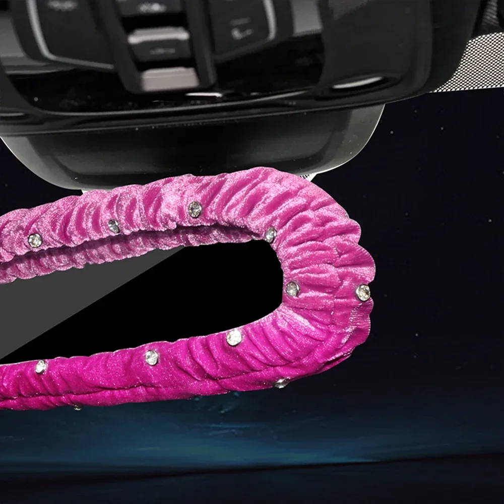 Crystal Diamond Plush Auto Rearview Mirror Decor Bling Rhinestone Car Interior Accessories Elastic Rearview Mirror Cover Women