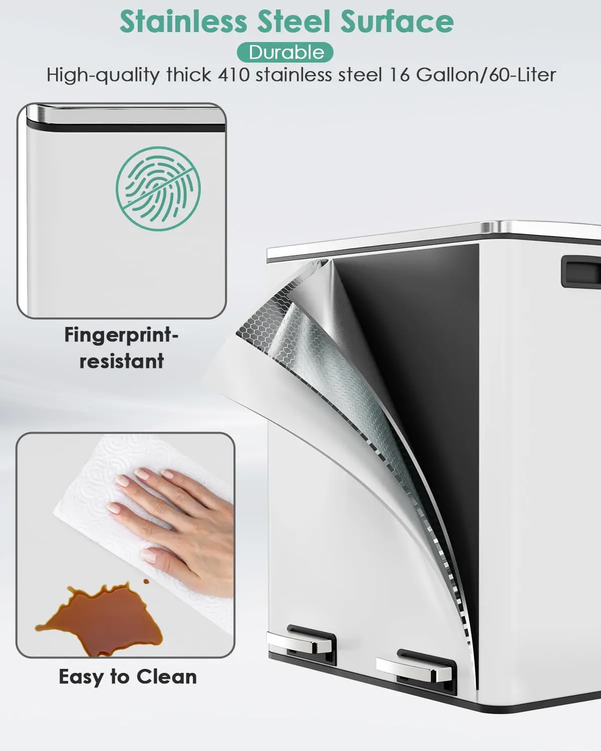 60L(16 Gal) Dual Trash Can, Stainless Steel Kitchen Garbage Can, Double Compartment Classified Rubbish Bin