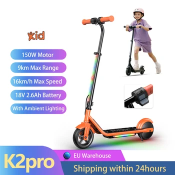 Scooter elettrico per bambini K2Pro Motore da 150 W Pneumatici da 6 pollici Batteria da 18 V Velocità massima 16 km Portata 6-9 km Arancione Nero 3 marce con LED