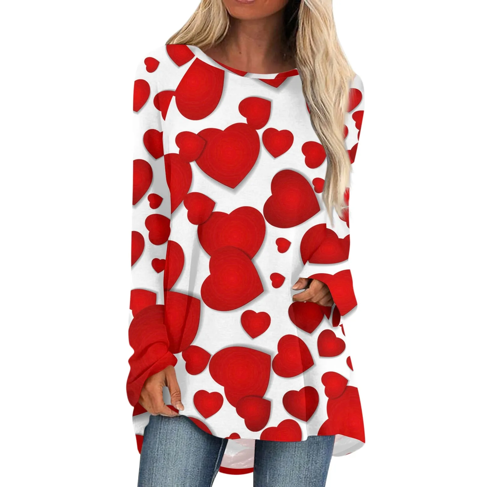 

Женский пуловер на День святого Валентина, модные повседневные топы с длинным рукавом и принтом Love, свободные базовые праздничные топы с круглым вырезом, женская одежда