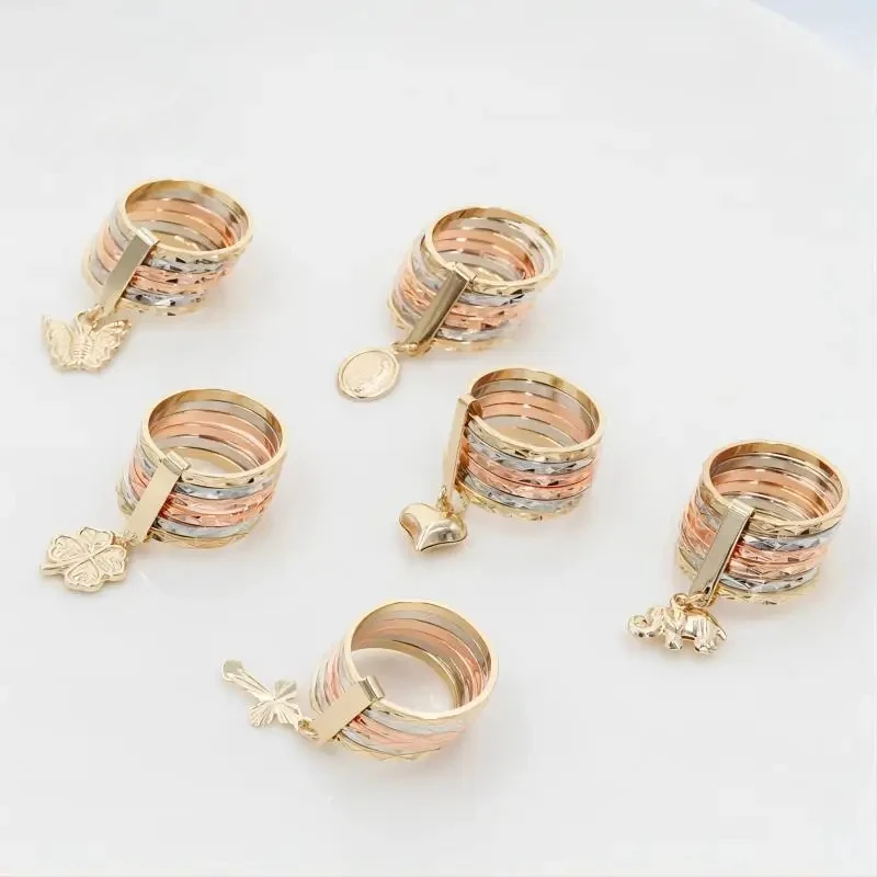 Ruixi Oro Laminado Tri Color Style 18K Gold Elephant Heart Flower Anello Placcato Oro Classico Regalo Di Gioielli Da Dito Fine Da Donna