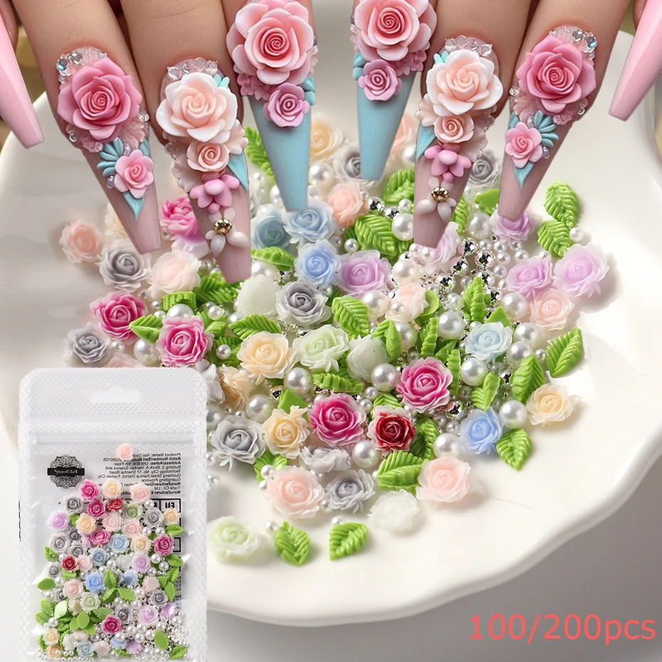 100/200개/팩 믹스 레진 미니 3D 장미꽃 네일아트 참 - 신선한 꽃, 잎사귀, 진주 믹스로 DIY에 활용 가능