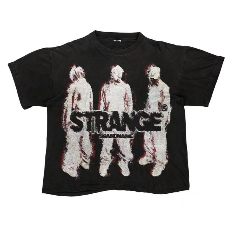 

High street American large pattern printed short-sleeved men's loose simple letter printed tops street hip-hop men's clothing