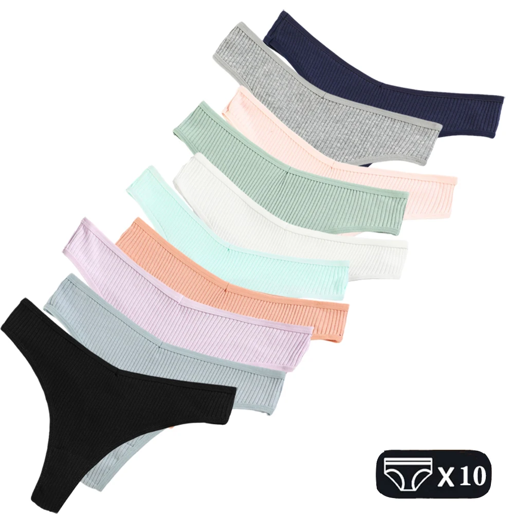 

10 шт., M-XXL сексуальные трусики, женские ребристые хлопковые стринги, женские трусы-бикини с низкой посадкой, Спортивное нижнее белье для девочек