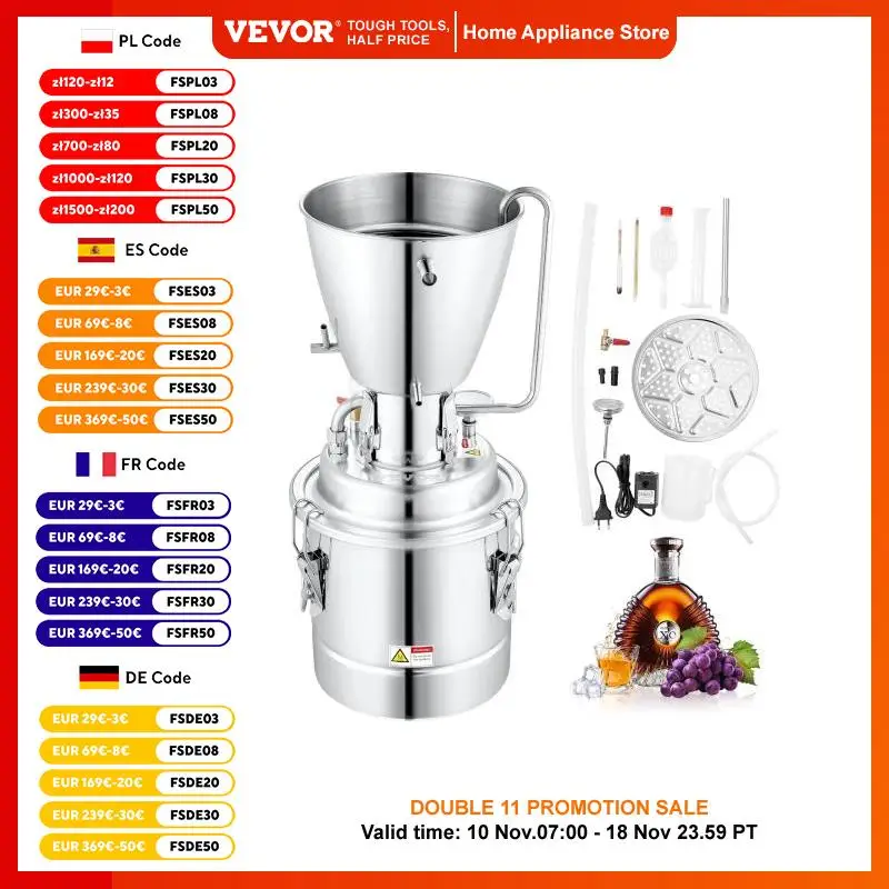 VEVOR 10/30/50/70L Water Alcohol Distiller, Home Distillery Kit With 304 Stainless Steel Tube & Circulating Pump & Exhaust Port
