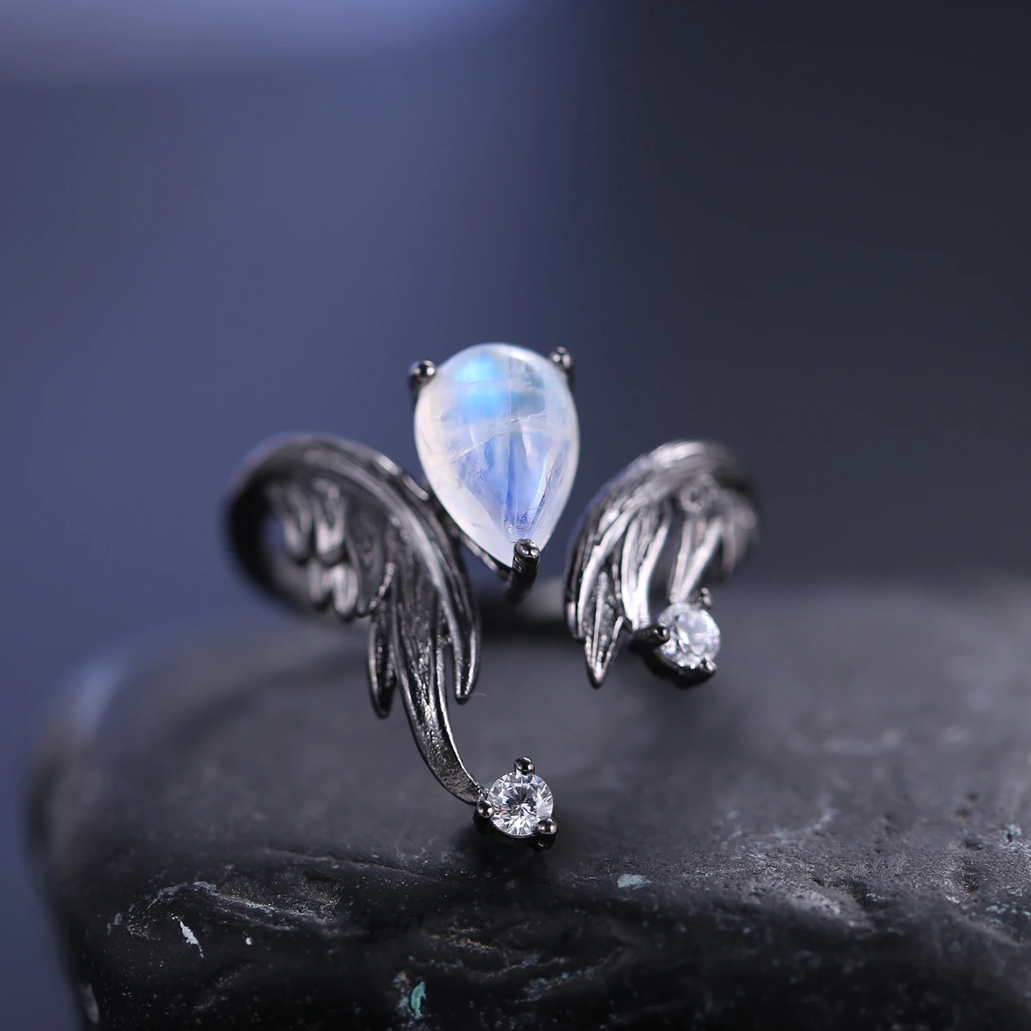 

GEM'S BALLET 1.36Ct Milky Blue Moonstone Gemstone Rings 925 Sterling Silver Handmade Adjustable Angel's Wing Ring for Women