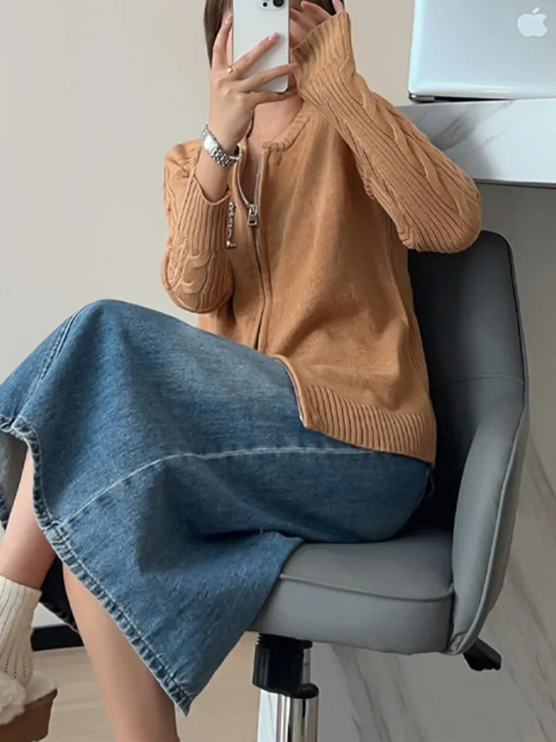 

Women Cardigan Diamond Letter Twisted Double Zipper Casual O-Neck Long Sleeve Knitted Coat