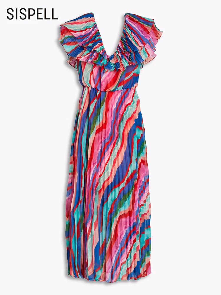 

SISPELL Hit Color Dresses For Women V Neck Sleeveless High Waist Folds Ruffles A Line Elegant Dress Female Fashion Clothing New