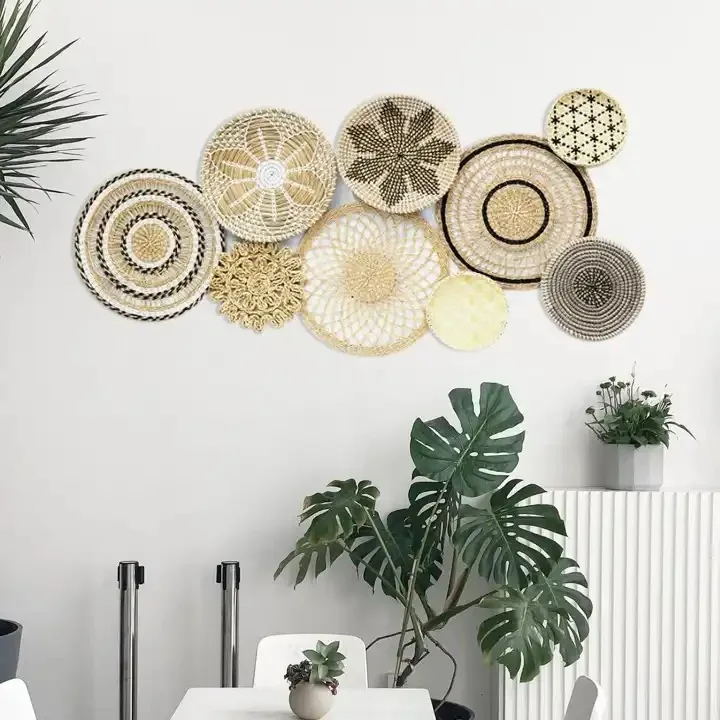 

9pcs Natural Wall Basket Decor Boho Rattan Round Wall Decor Handmade Farmhouse Wall Hanging Decor for Home Bedroom Living Room