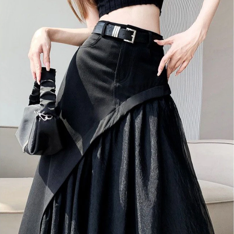 Mesh skirt summer new black irregular stitching high waist pleated skirt A word long skirt long skirts for women