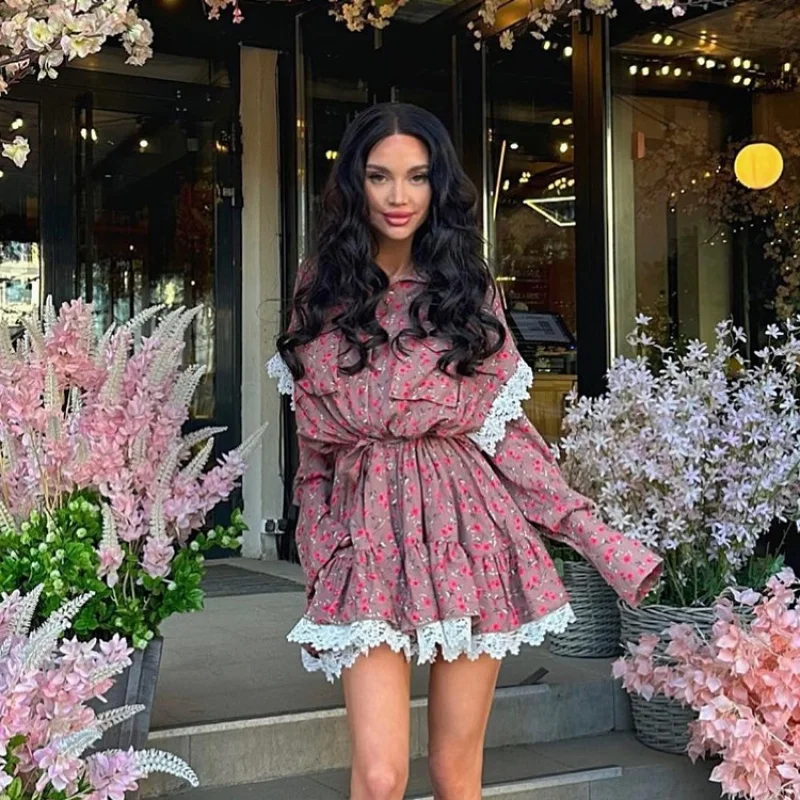 Women's Autumn New Floral Stitching Dress Fashion Lapel Long Sleeve Lace-upaLine skirtWlj
