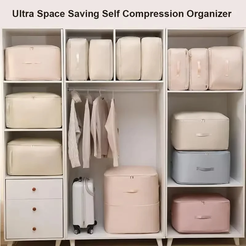 Heavy-Duty Self-Compressing Storage Bag Portable Organizer For Clothes Blankets & Quilts Ideal For Closet Organization