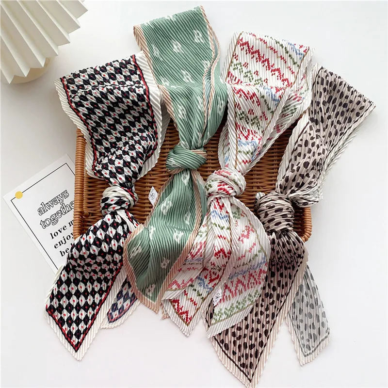 Pleated Ribbon Scarf Solid Print Crumpled Scarf Long Bandelet Headscarf Headband Women Hair Bands Scrunchies Bag Hat Decoration 6