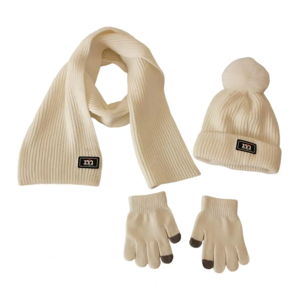 3 Pcs/Set Children Hat Scarf Glove Set Thickened Plush Ball Decor Knitted Anti-slip Heat Retention Windproof Keep Warm Girls Boy