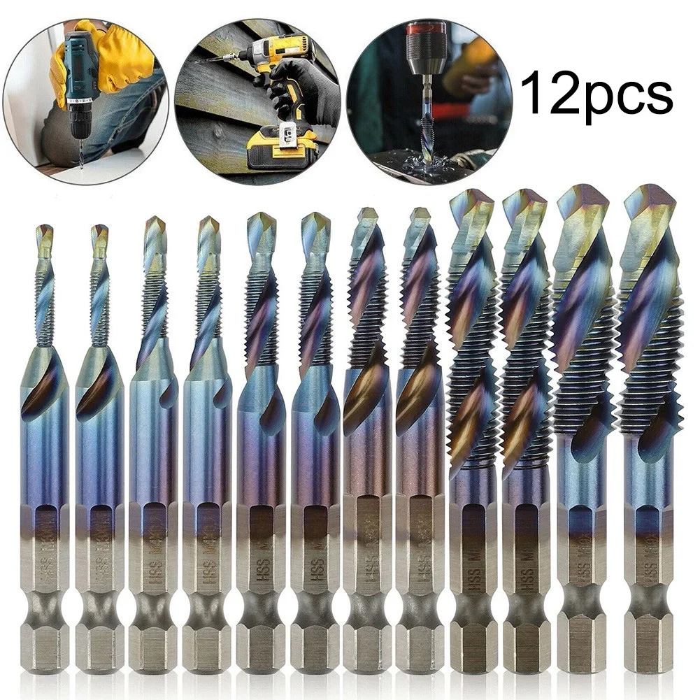 

12PCS 1/4" HSS Hex Shank Titanium Plated Screw Thread Drill Bits Set M3 - M10 For Iron Metal Wood Plastic Drilling And Tapping