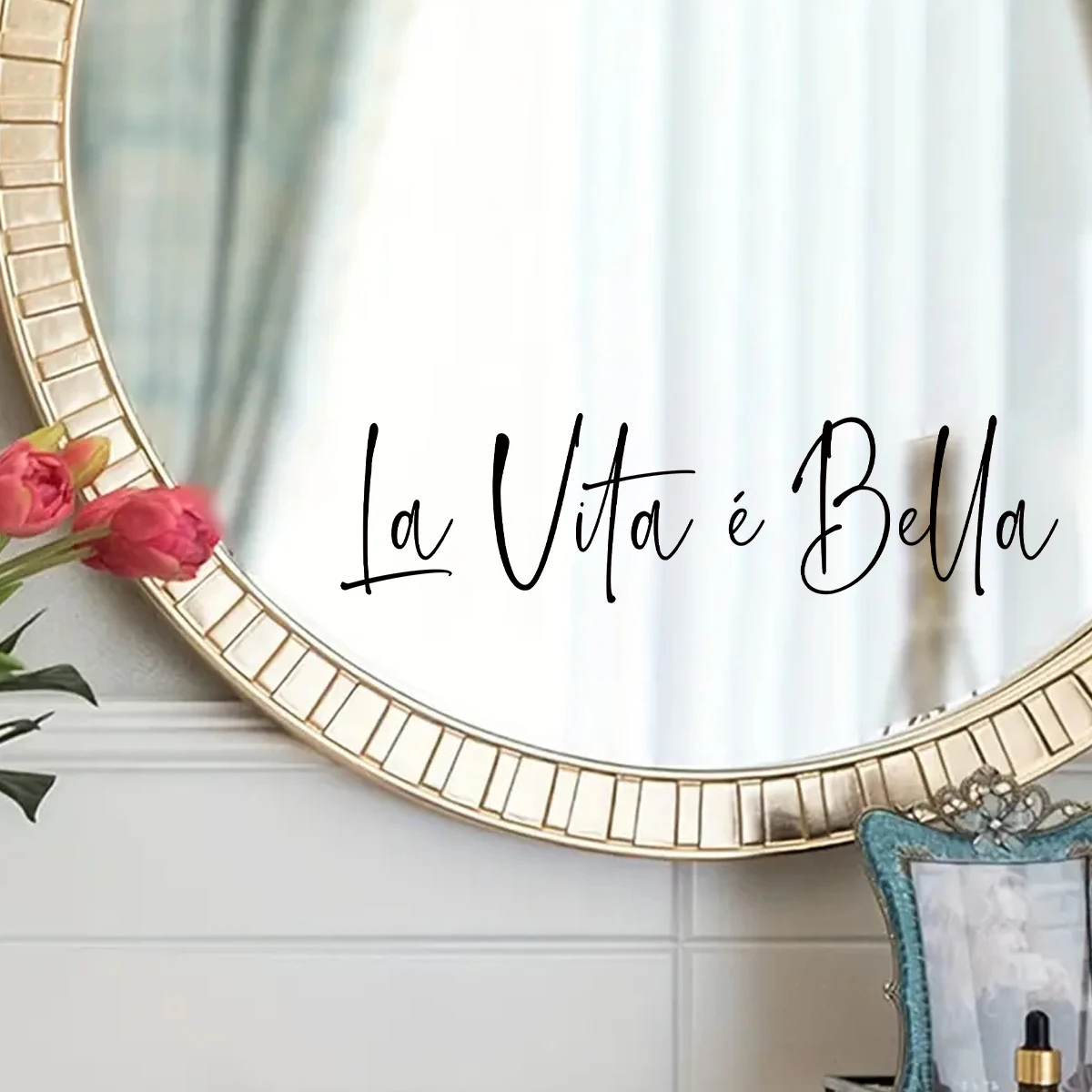 "La Vita E Bella" Text PVC Removable Mirror Sticker for Bedroom Decoration Home Self-adhesive Decals Living Room Decor 1pcs