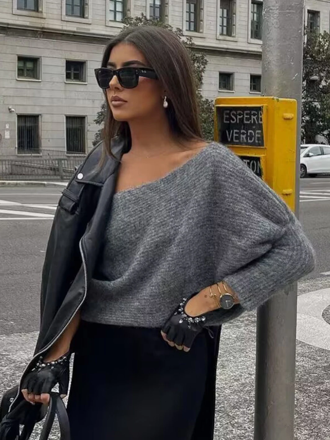 

Women Gray Irregular Knitted Sweater One Shoulder Long Sleeve Crop Tops Female Cloak Coats Autumn Fashion Chic Jumper Clothes