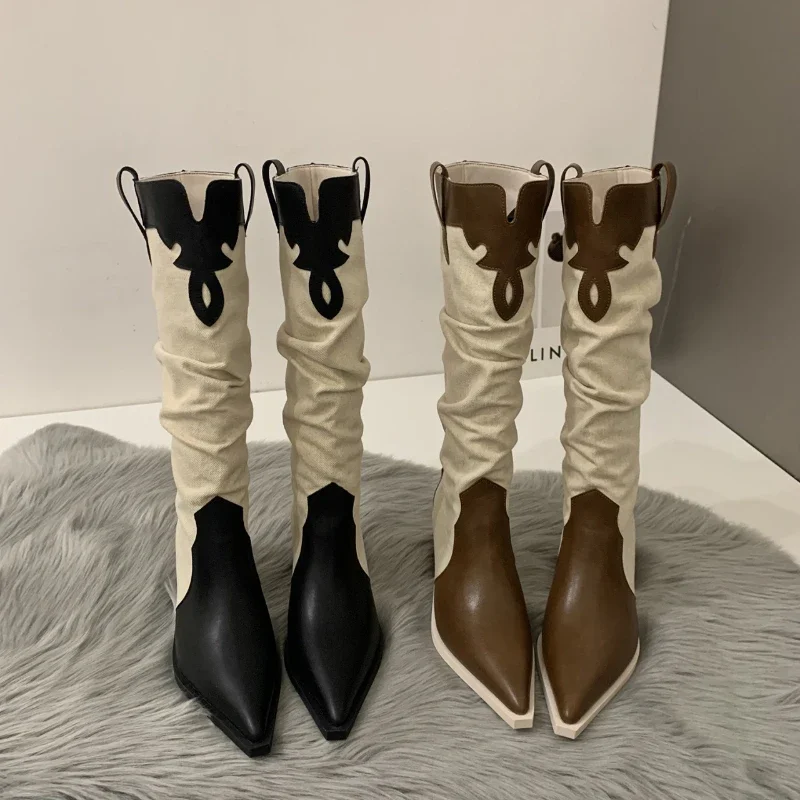 

Fashion Winter Pointed Toe PU Leather Knee High Boots for Women Mid Heel Chunky Cowboy Boots Womens Botas De Invierno Para Mujer