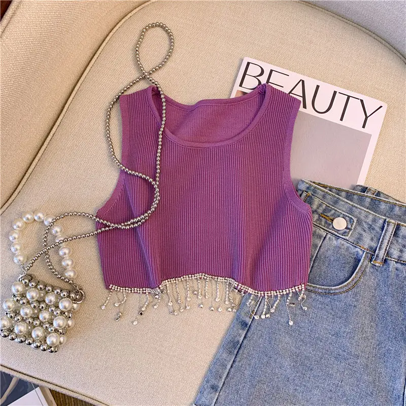 

Purple Dopamine Knit Vest Women's Outerwear Summer Design Sense Heavy Industry Fringed Small Suspender Sleeveless Cropped Top