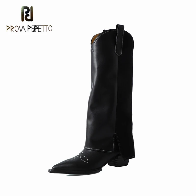 

Hot Fashion Western Cowboy Boots Stitching Trousers Boots Women's Pointed Toe Thick Heel V Mouth Boots Thick Heel Knight Boots