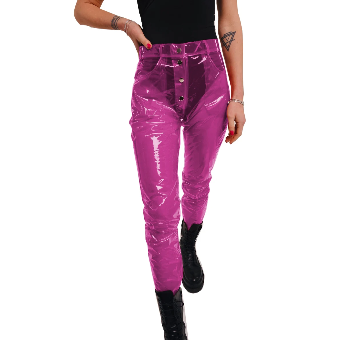 Clear PVC Pants Fetish Plastic Transparent Button Trousers Women High Waist See Through Pants Club Bar Wear