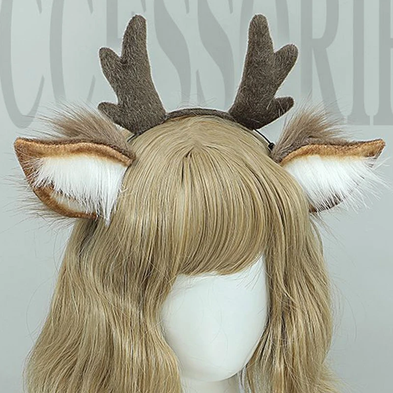 Antler Plush Hair Hoop Animal Reindeer Ears Antler Headband Long Fur Cosplay Party Prop 
