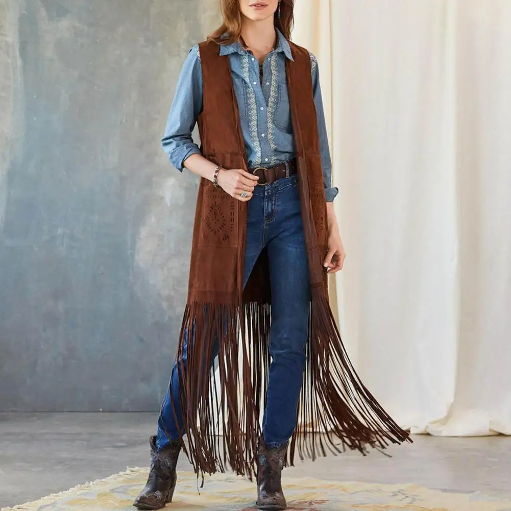 

Patch Pockets Waistcoat Western Fringed Vest 70s Hippie Cardigan Women's Fringe Tassel Vest with Patch Pockets Loose for Cowboy