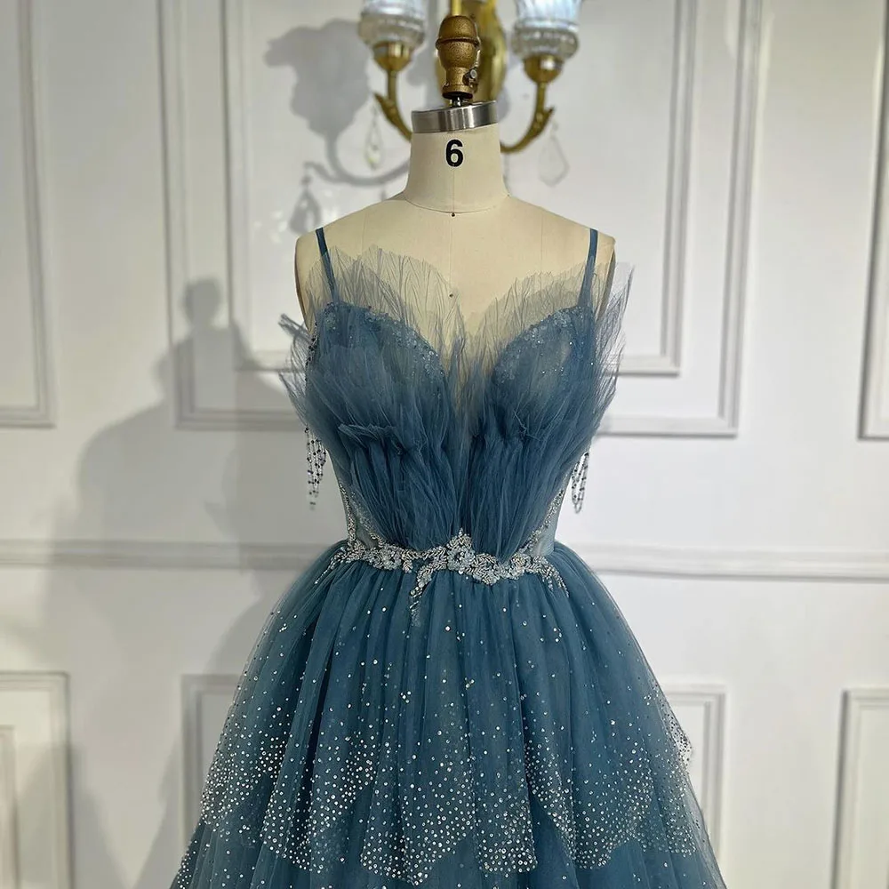 Robe De Soirée Maxi Bleu Marine Avec Perles - Taille UK12 - Occasion Très Bon État