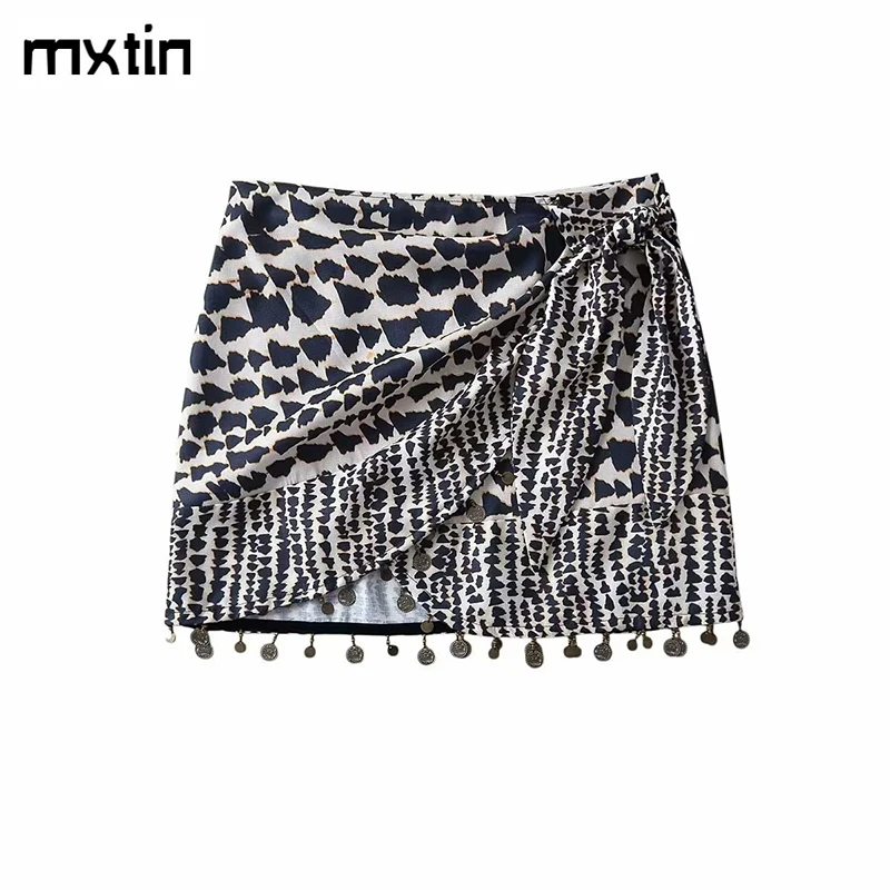 

Women Summer Vintage Print Beaded Mini Skirt Fashion High Waist Bow Tied Streetwear Ladies Skirts Casual Faldas Vestidos Mujer