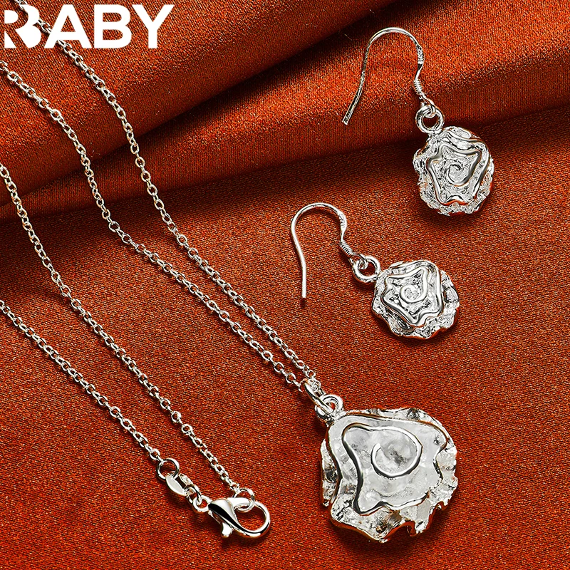 

925 Sterling Silver Romantic Rose Flower Drop Earrings Pendant Necklace Set For Women Fashion Charms Jewelry Wedding Accessories