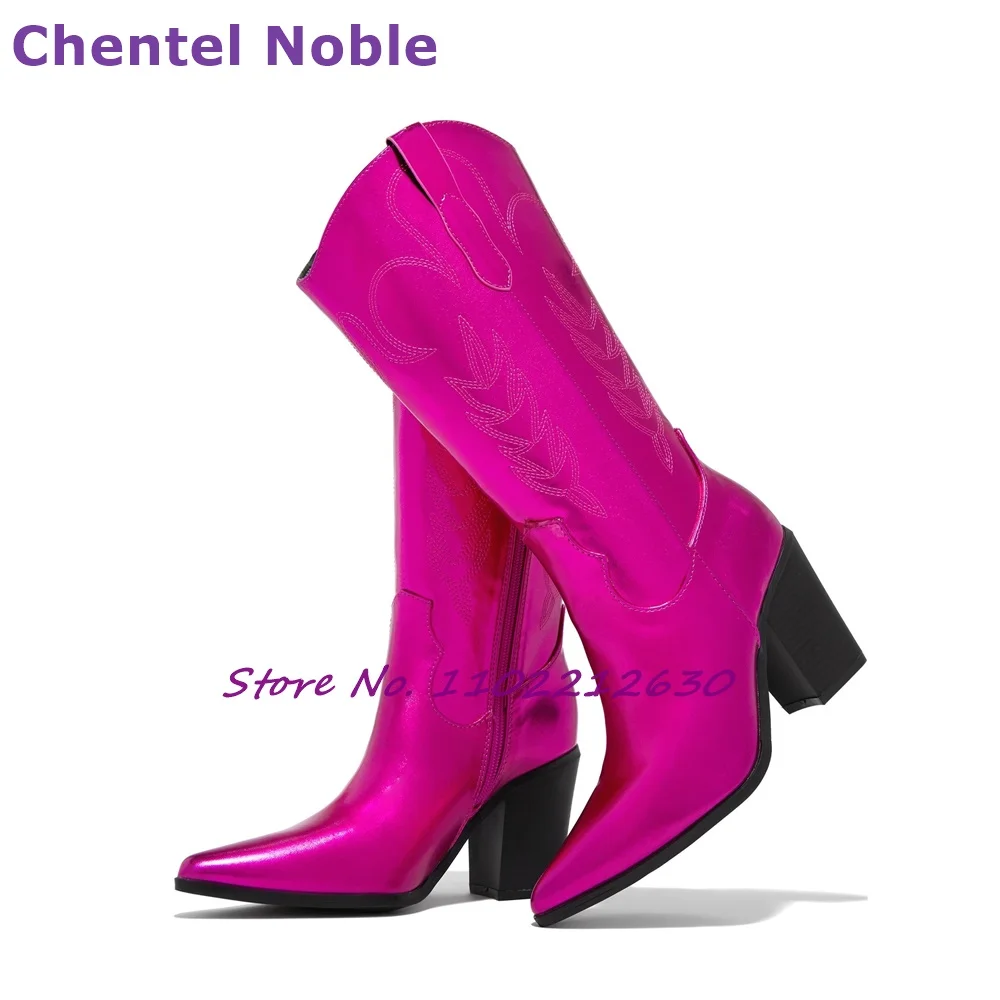 Mirror Boots Square High Heels Pointy Toe Embroidery Mid Calf Boots Newest Fashion Comfortable Solid Women Shoes Leisure Party