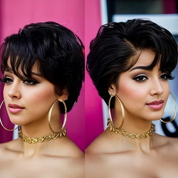 13x4 Transparent Lace Human Hair 180% density Short Pixie Cut Wig For Wome Perfect for Halloween Party