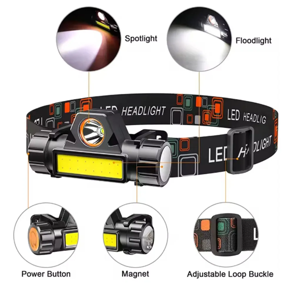 LED headlamp Super Bright Rechargeable COB Magnetic USB Head Torch Outdoor Camping Hiking Fishing Long Battery Life Waterproof