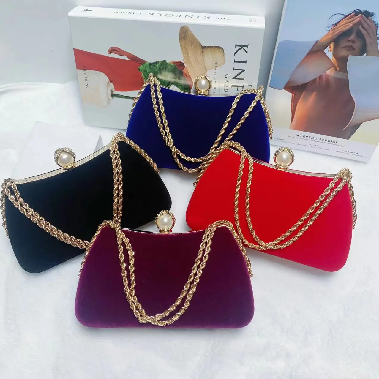 Velvet  Pleated Wedding Evening Clutch Purses For Women Formal Glitter Shoulder Bag With Chain For Ladies Brand Party Banquet