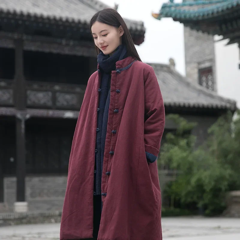 

Retro Chinese Style Stand Up Collar Contrasting Color Plate Buckle Medium Length Cotton Jacket Linen Loose Fitting Cotton Jacket