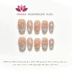 Handcrafted Reusable Colorful Fishtail Design Full Cover Fake Nails in Vibrant Orange (XS-send tool kit)