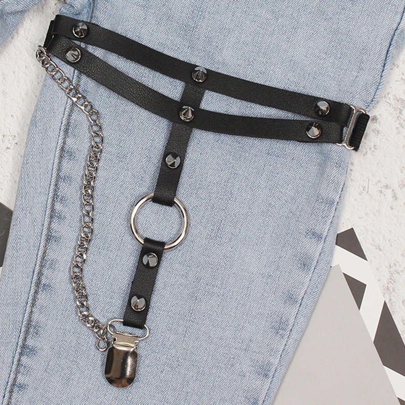 PU Leather Thigh Clips Anti-slip Belt Elastic with Dangle Chain Circle Decor Harness Nightclub Leg Accessories for Women