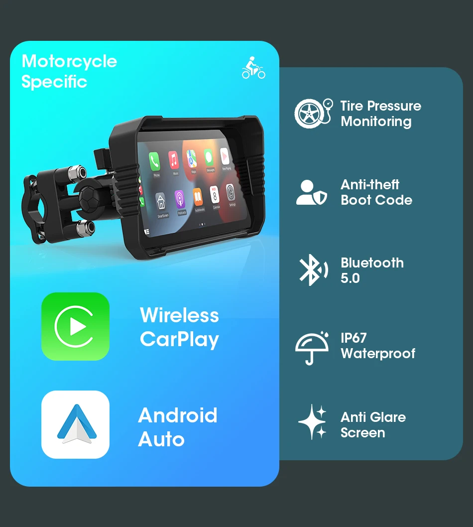 Srnubi 6,25 Zoll Motorrad-GPS-Navigation, kabelloses Carplay, Android Auto, IPX7, wasserdicht, Moto-Monitor, Dual-Bluetooth-Unterstützung, TPMS – Detail 2