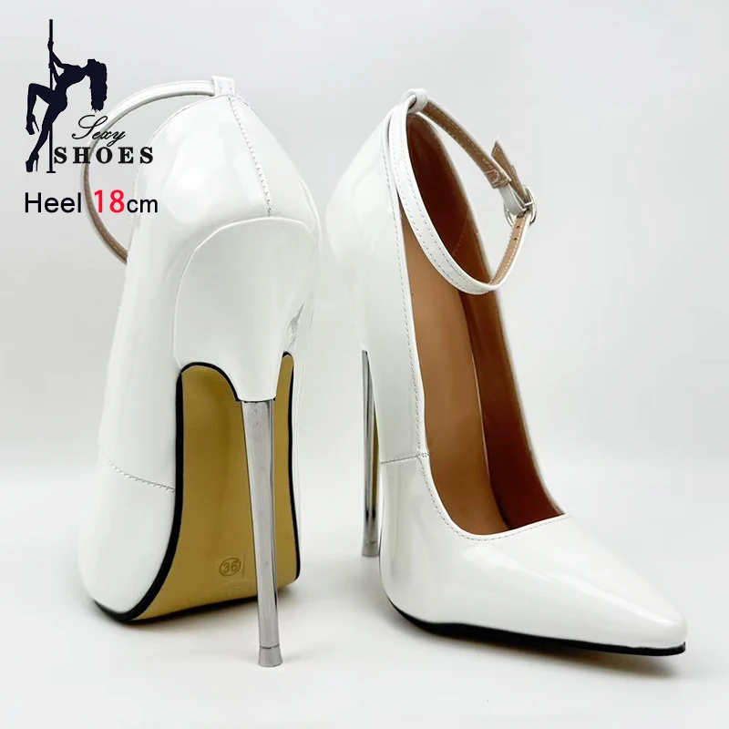 18CM/7'' Ultra high heel Ankle Strap Sexy Ballet Shoes Women Fetish White Pointed SM Game Stylish Stiletto Pumps Large Size 46