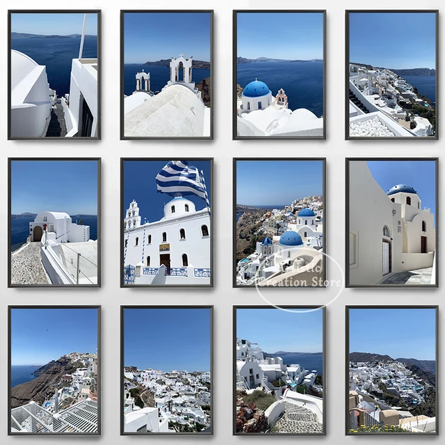 Affiche de santorin de maison blanche et bleue, grèce, tourisme, art, architecture, impressions, peinture sur toile, photo murale, chambre moderne, décoration d'intérieur 1