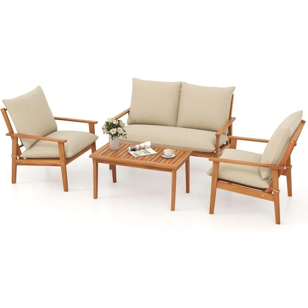 4 Pieces Garden Sofa Set, Outdoor Acacia Wood Conversation Set with Soft Cushions and Coffee Table, Outdoor Sectional Sofa Set 6