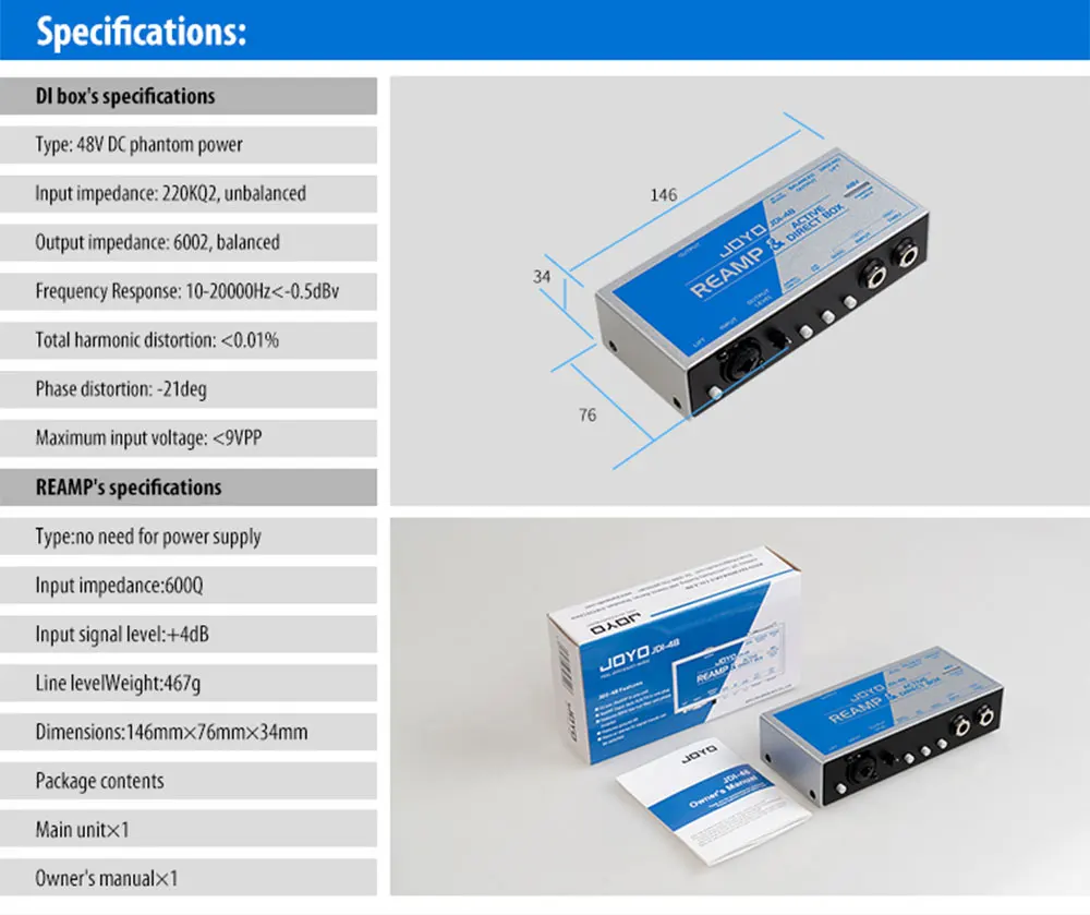JDI-48 REAMPING and DI Functions 2 in 1 Phantom Powered 48V Active Direct Box +