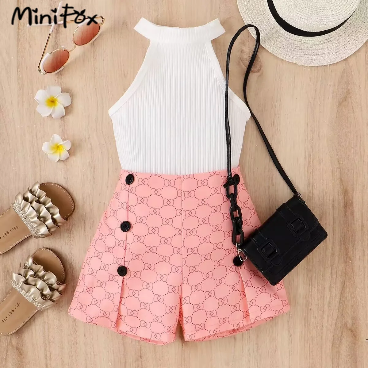 MiniFox 여아용 의상 세트, 민소매 홀터 탑 및 하이 웨이스트 체인 프린트 반바지, 여름  의류, 2 개