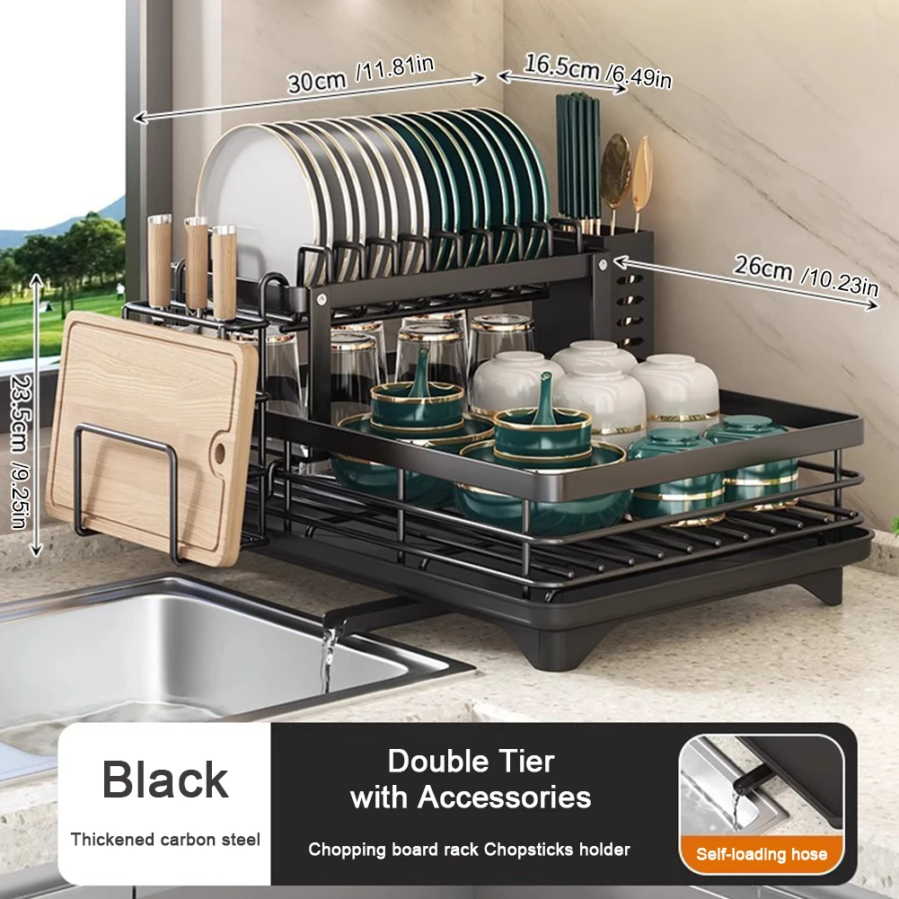 Sink Organizer Dish Racks with Drainboard Dish Strainer Shelf Carbon Steel Cutlery Storage Holder for Kitchen Counter